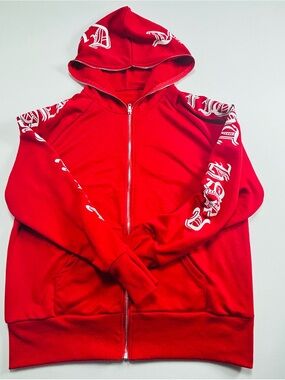 Red Zip-Up Hoodie with White Gothic Print